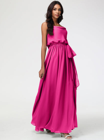 Fuchsia Pink Bridesmaid Dresses A-Line Spaghetti Straps Cowl Back Floor Length Chiffon Bridesmaid Dresses with Split and Belt