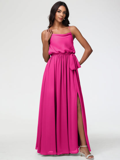 Fuchsia Pink Bridesmaid Dresses A-Line Spaghetti Straps Cowl Back Floor Length Chiffon Bridesmaid Dresses with Split and Belt