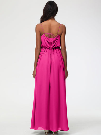 Fuchsia Pink Bridesmaid Dresses A-Line Spaghetti Straps Cowl Back Floor Length Chiffon Bridesmaid Dresses with Split and Belt