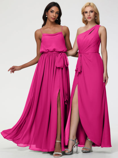 Fuchsia Pink Bridesmaid Dresses A-Line Spaghetti Straps Cowl Back Floor Length Chiffon Bridesmaid Dresses with Split and Belt