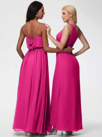 Fuchsia Pink Bridesmaid Dresses A-Line Spaghetti Straps Cowl Back Floor Length Chiffon Bridesmaid Dresses with Split and Belt