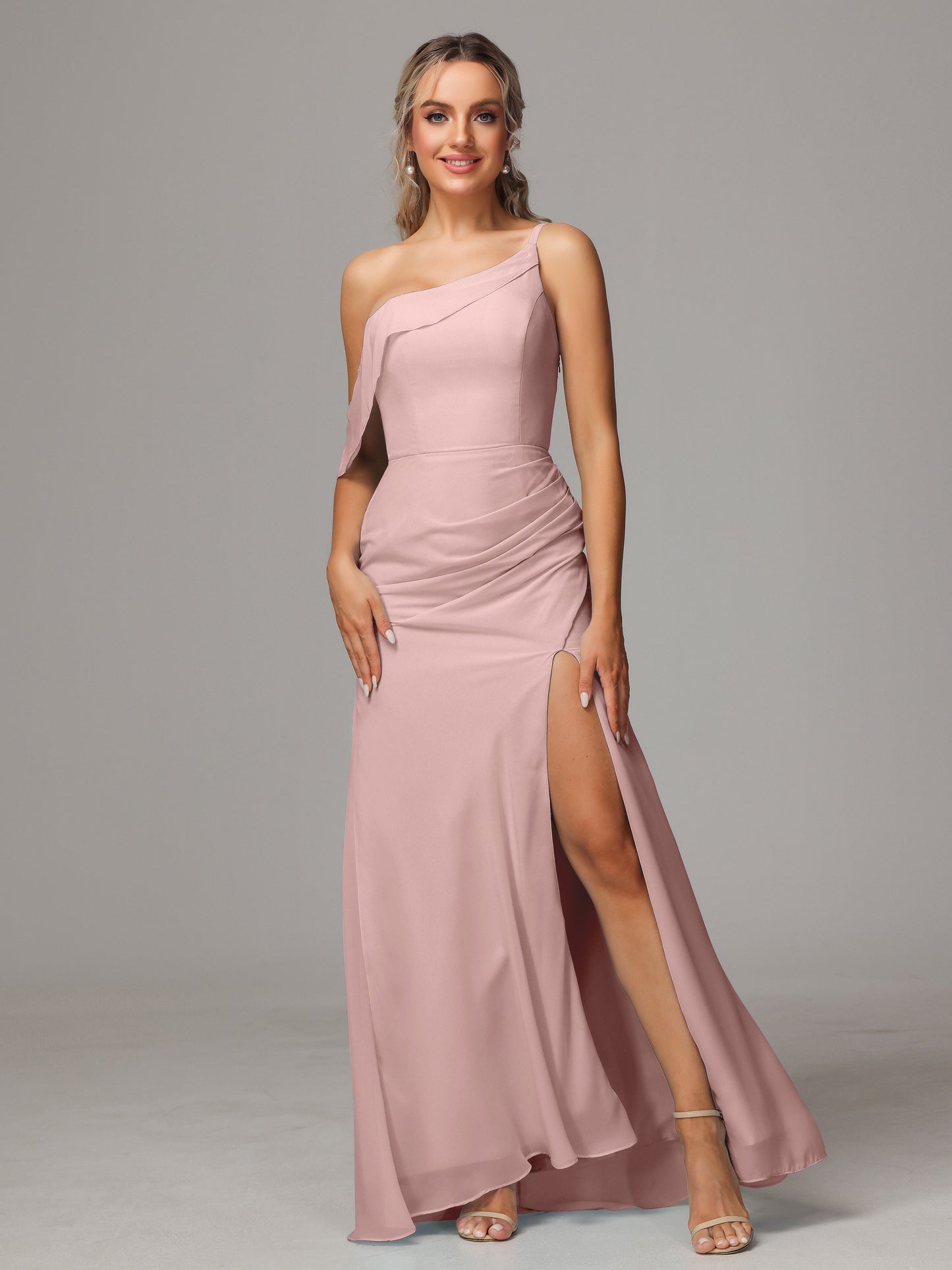 One Shoulder Off The Shoulder Chiffon Bridesmaid Dress