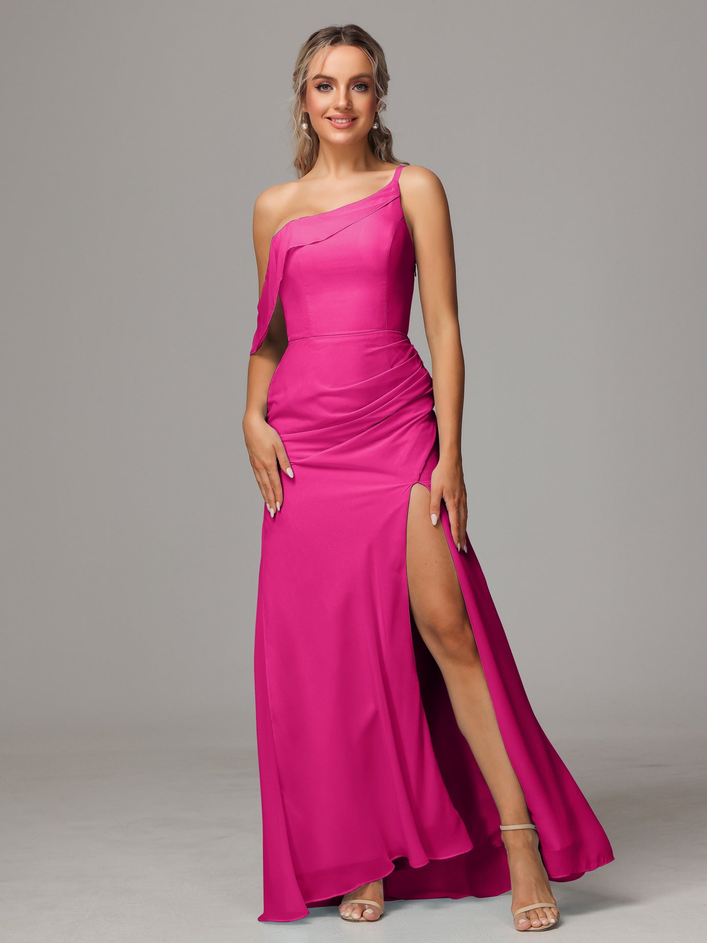 One Shoulder Off The Shoulder Chiffon Bridesmaid Dress