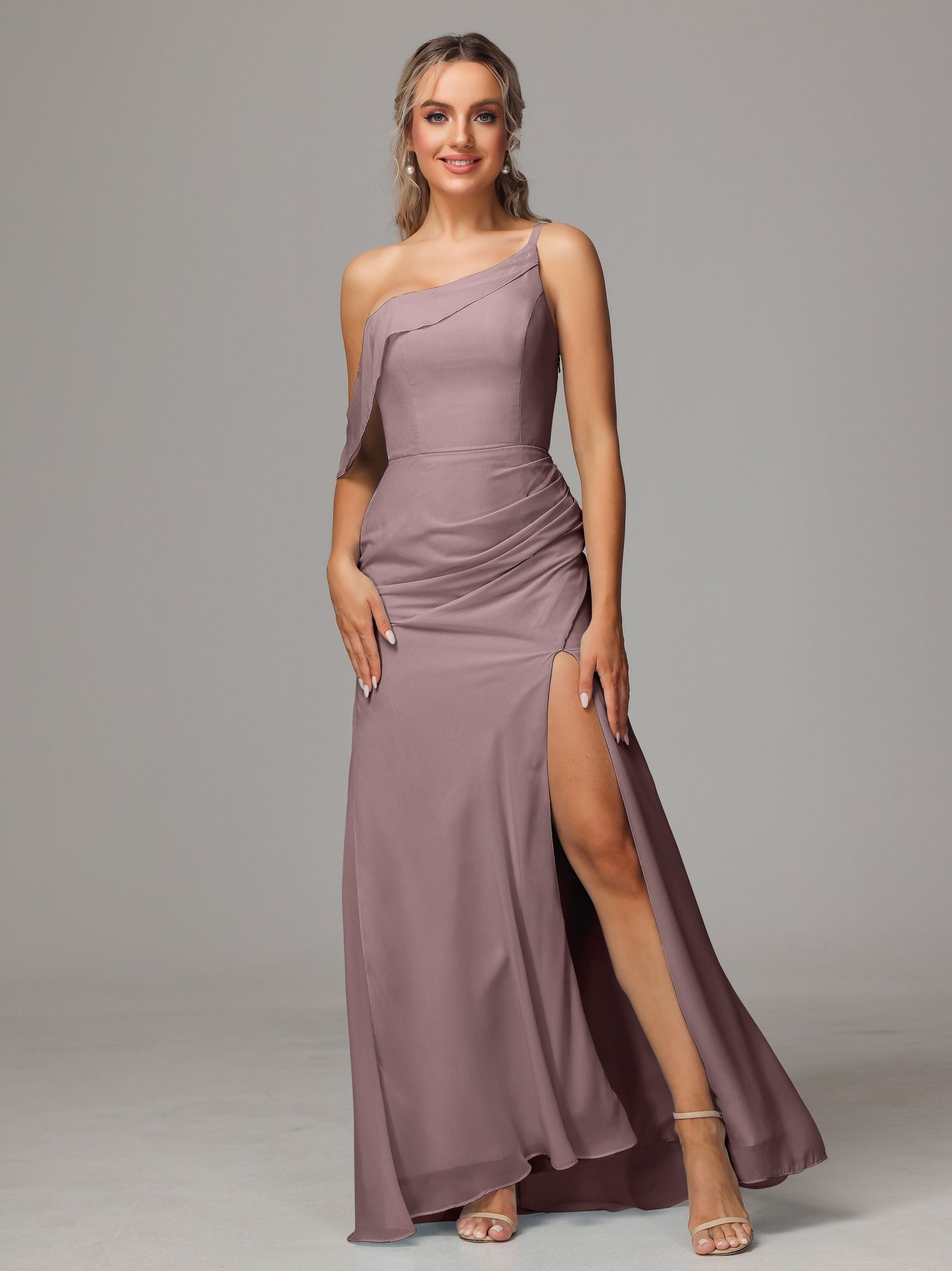 One Shoulder Off The Shoulder Chiffon Bridesmaid Dress