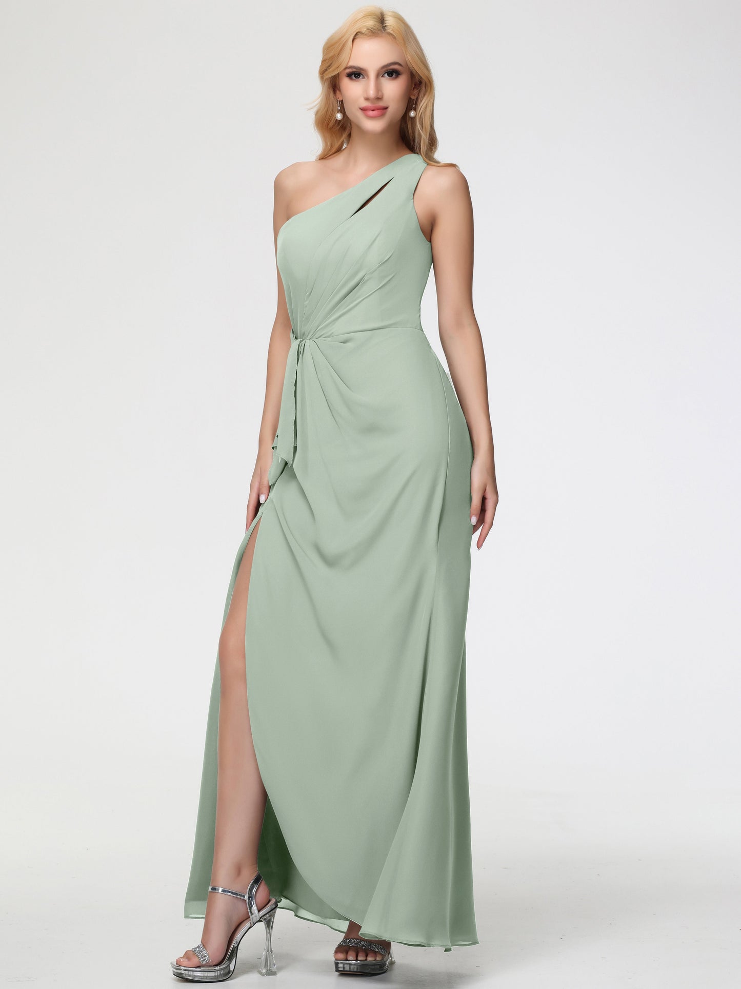Bridesmaid Dresses Celadon One Shoulder Sheath/Column Ruched Chiffon Bridesmaid Dresses with Slit