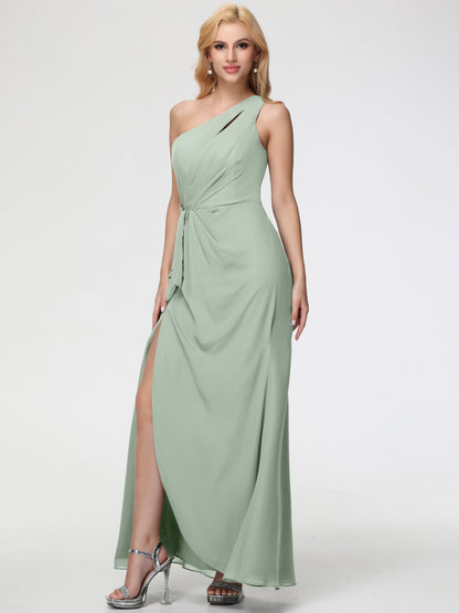 Bridesmaid Dresses Celadon One Shoulder Sheath/Column Ruched Chiffon Bridesmaid Dresses with Slit