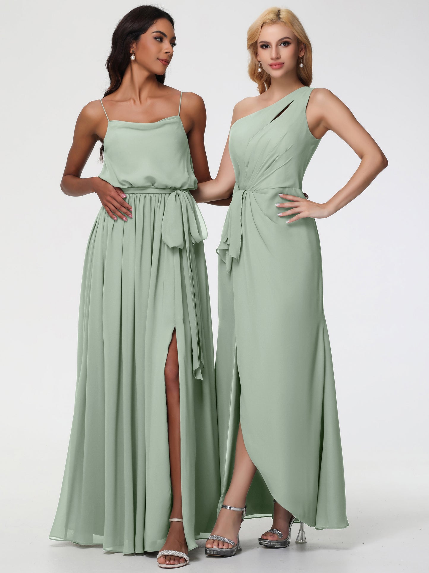 Bridesmaid Dresses Celadon One Shoulder Sheath/Column Ruched Chiffon Bridesmaid Dresses with Slit