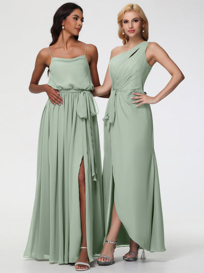 Bridesmaid Dresses Celadon One Shoulder Sheath/Column Ruched Chiffon Bridesmaid Dresses with Slit