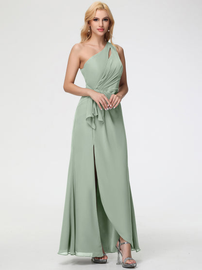 Bridesmaid Dresses Celadon One Shoulder Sheath/Column Ruched Chiffon Bridesmaid Dresses with Slit