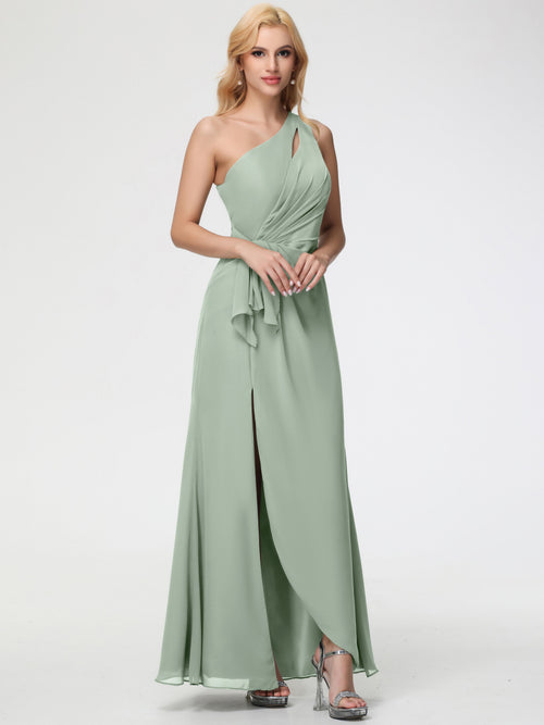 Bridesmaid Dresses Celadon One Shoulder Sheath/Column Ruched Chiffon Bridesmaid Dresses with Slit