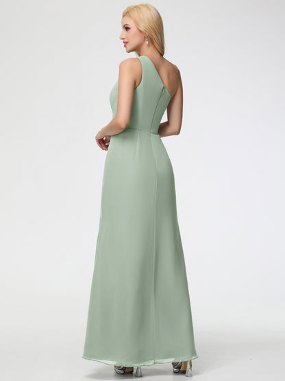 Bridesmaid Dresses Celadon One Shoulder Sheath/Column Ruched Chiffon Bridesmaid Dresses with Slit
