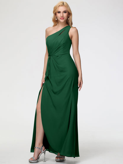 Bridesmaid Dress Dark Green One Shoulder Sheath/Column Ruched Chiffon Bridesmaid Dresses with Slit