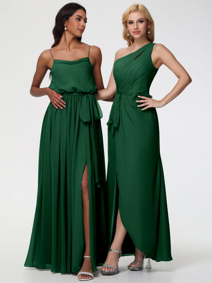 Bridesmaid Dress Dark Green One Shoulder Sheath/Column Ruched Chiffon Bridesmaid Dresses with Slit