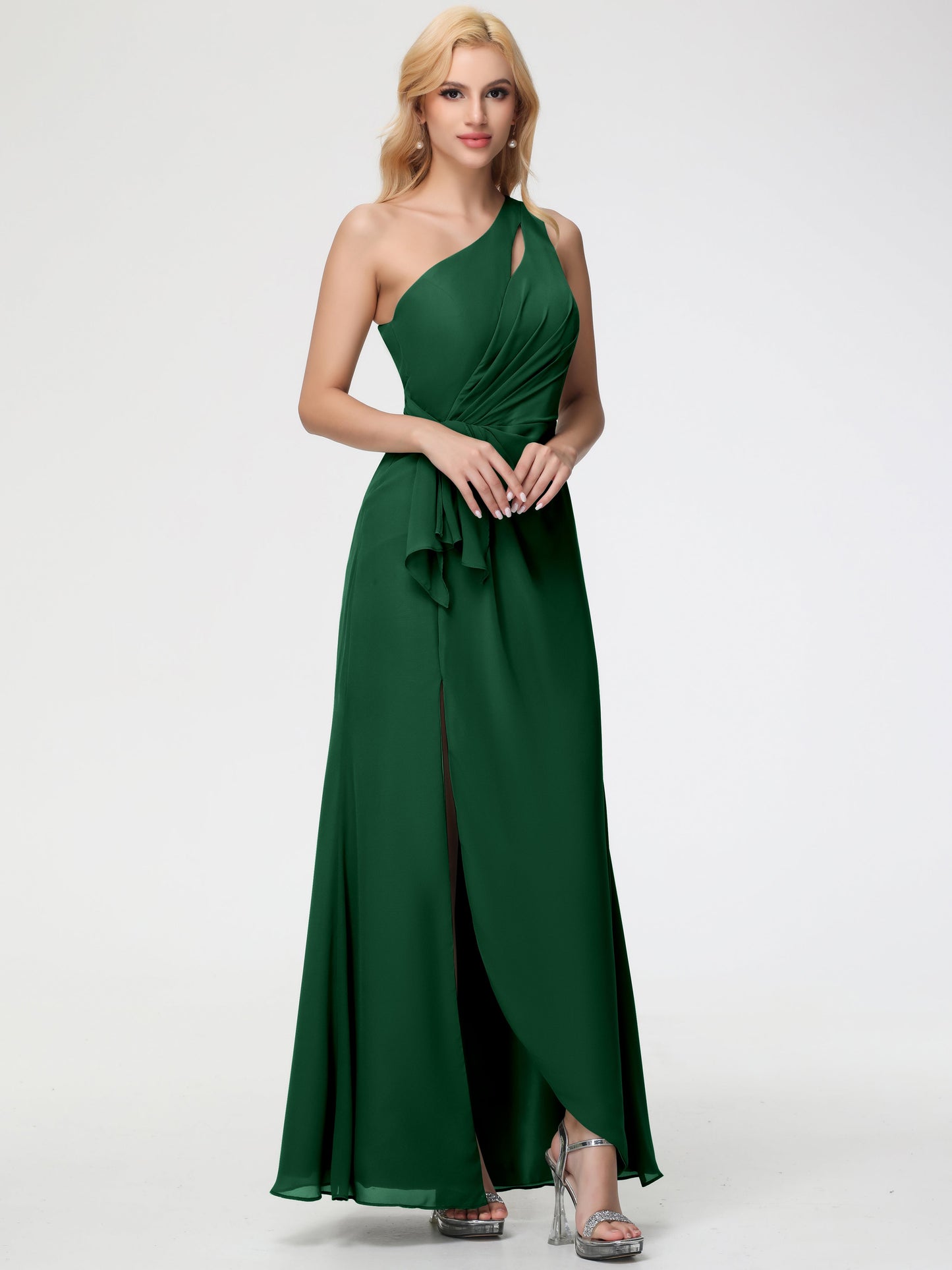 Bridesmaid Dress Dark Green One Shoulder Sheath/Column Ruched Chiffon Bridesmaid Dresses with Slit