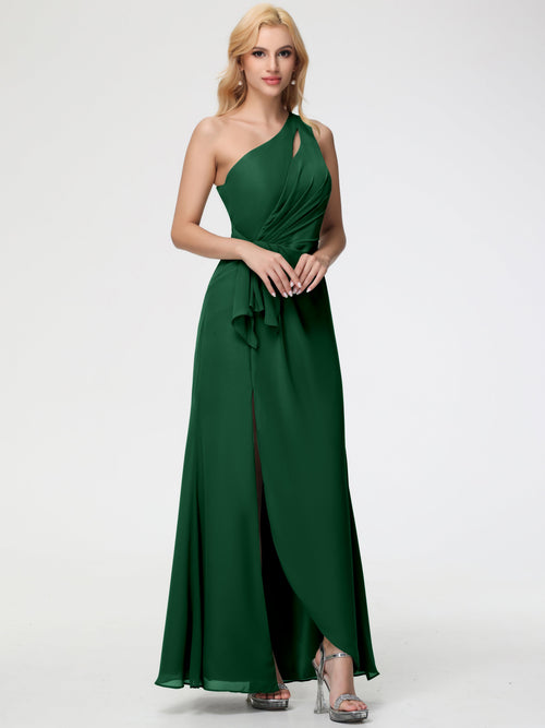 Bridesmaid Dress Dark Green One Shoulder Sheath/Column Ruched Chiffon Bridesmaid Dresses with Slit