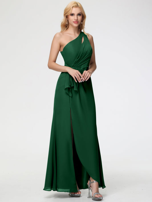Bridesmaid Dress Dark Green One Shoulder Sheath/Column Ruched Chiffon Bridesmaid Dresses with Slit