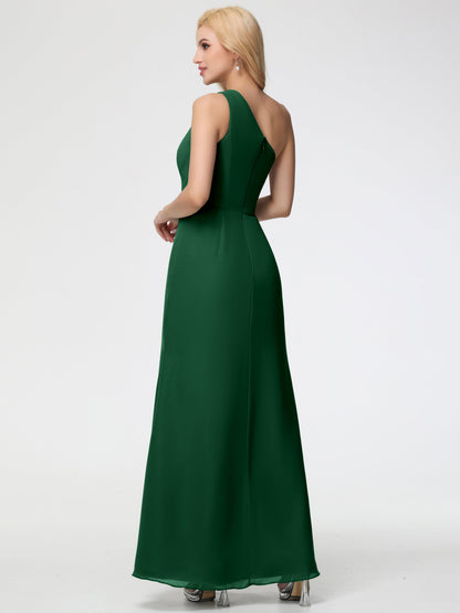 Bridesmaid Dress Dark Green One Shoulder Sheath/Column Ruched Chiffon Bridesmaid Dresses with Slit