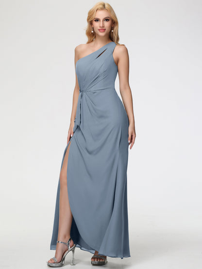 Bridesmaid Dress Dusty Blue One Shoulder Sheath/Column Ruched Chiffon Bridesmaid Dresses with Slit