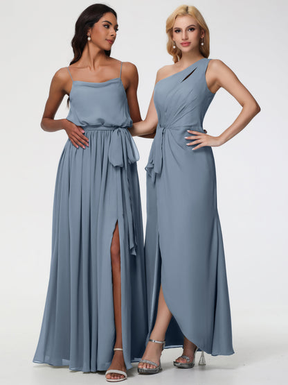 Bridesmaid Dress Dusty Blue One Shoulder Sheath/Column Ruched Chiffon Bridesmaid Dresses with Slit