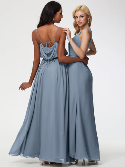 Bridesmaid Dress Dusty Blue One Shoulder Sheath/Column Ruched Chiffon Bridesmaid Dresses with Slit