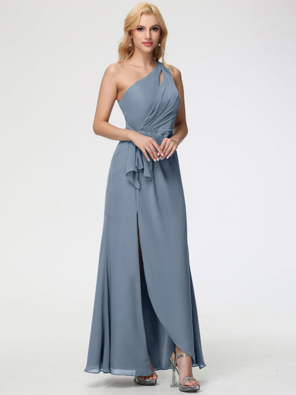 Bridesmaid Dress Dusty Blue One Shoulder Sheath/Column Ruched Chiffon Bridesmaid Dresses with Slit