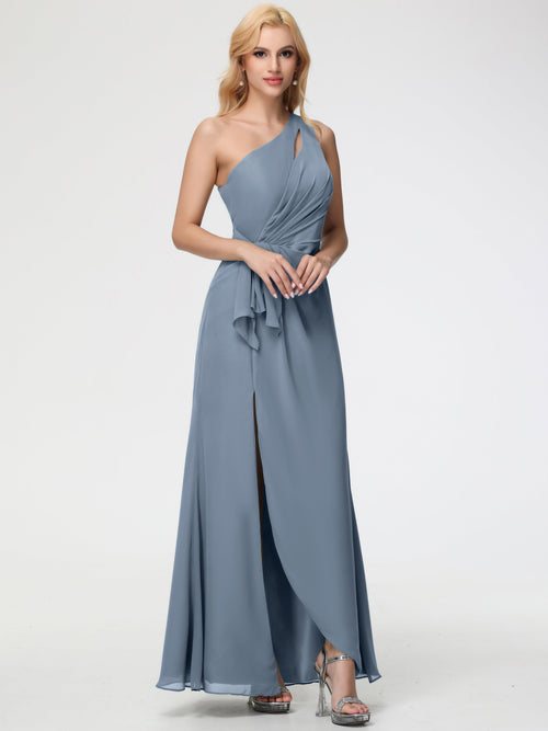 Bridesmaid Dress Dusty Blue One Shoulder Sheath/Column Ruched Chiffon Bridesmaid Dresses with Slit