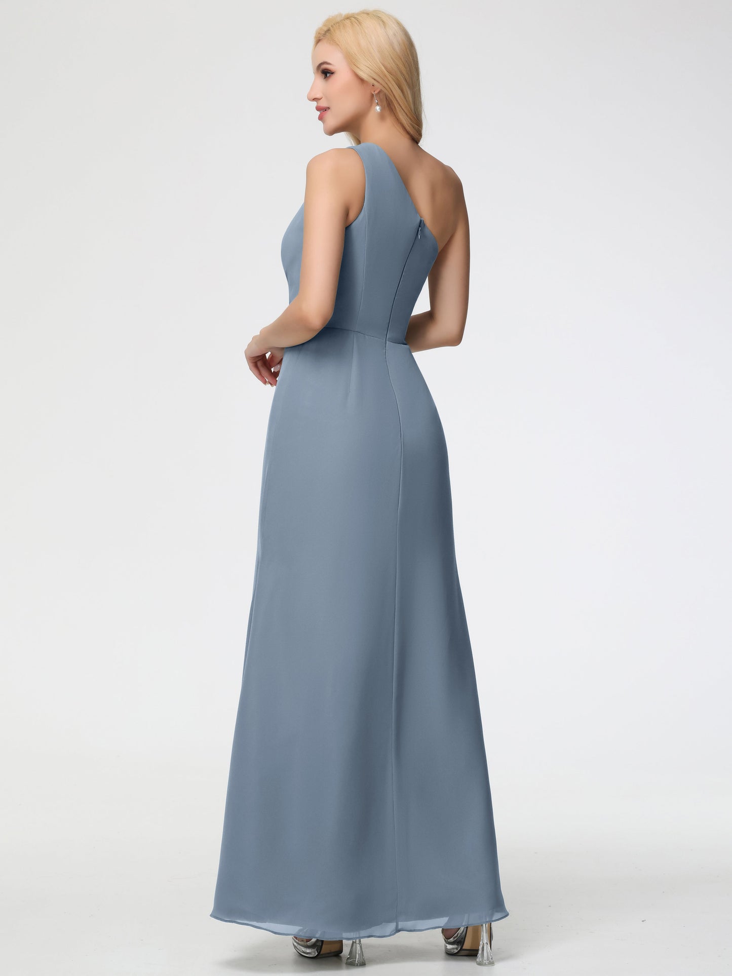 Bridesmaid Dress Dusty Blue One Shoulder Sheath/Column Ruched Chiffon Bridesmaid Dresses with Slit