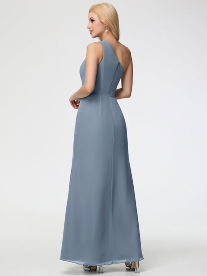 Bridesmaid Dress Dusty Blue One Shoulder Sheath/Column Ruched Chiffon Bridesmaid Dresses with Slit