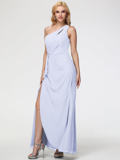 Bridesmaid Dress Lavender One Shoulder Sheath/Column Ruched Chiffon Bridesmaid Dresses with Slit