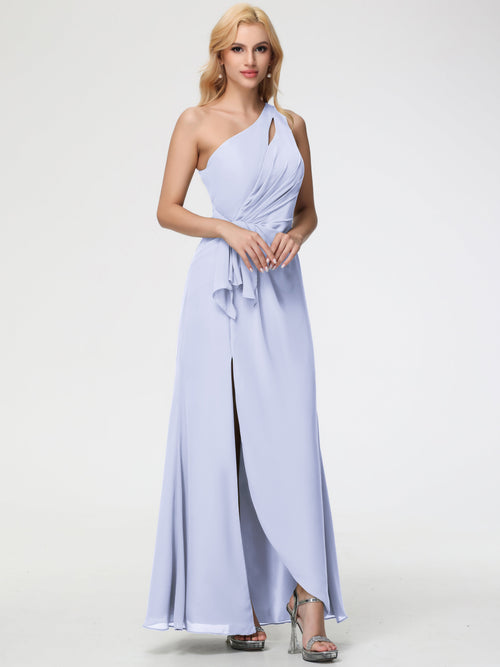Bridesmaid Dress Lavender One Shoulder Sheath/Column Ruched Chiffon Bridesmaid Dresses with Slit
