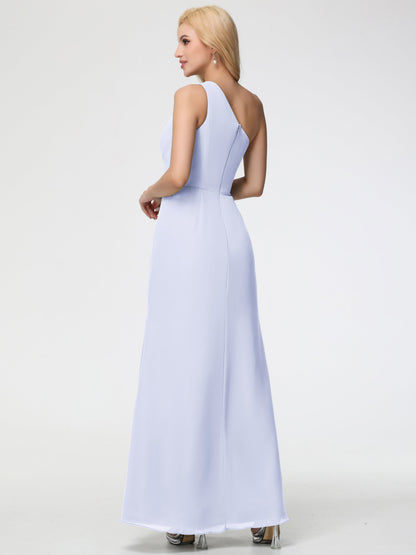 Bridesmaid Dress Lavender One Shoulder Sheath/Column Ruched Chiffon Bridesmaid Dresses with Slit