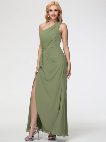 Bridesmaid Dress Olive Green One Shoulder Sheath/Column Ruched Chiffon Bridesmaid Dresses with Slit