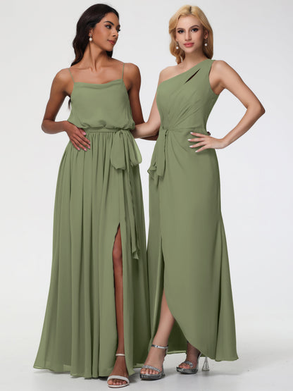 Bridesmaid Dress Olive Green One Shoulder Sheath/Column Ruched Chiffon Bridesmaid Dresses with Slit