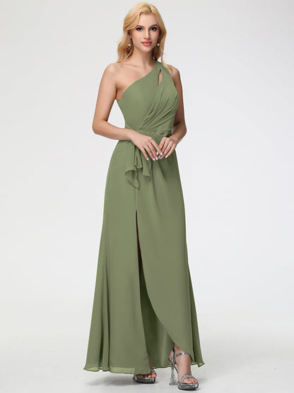 Bridesmaid Dress Olive Green One Shoulder Sheath/Column Ruched Chiffon Bridesmaid Dresses with Slit