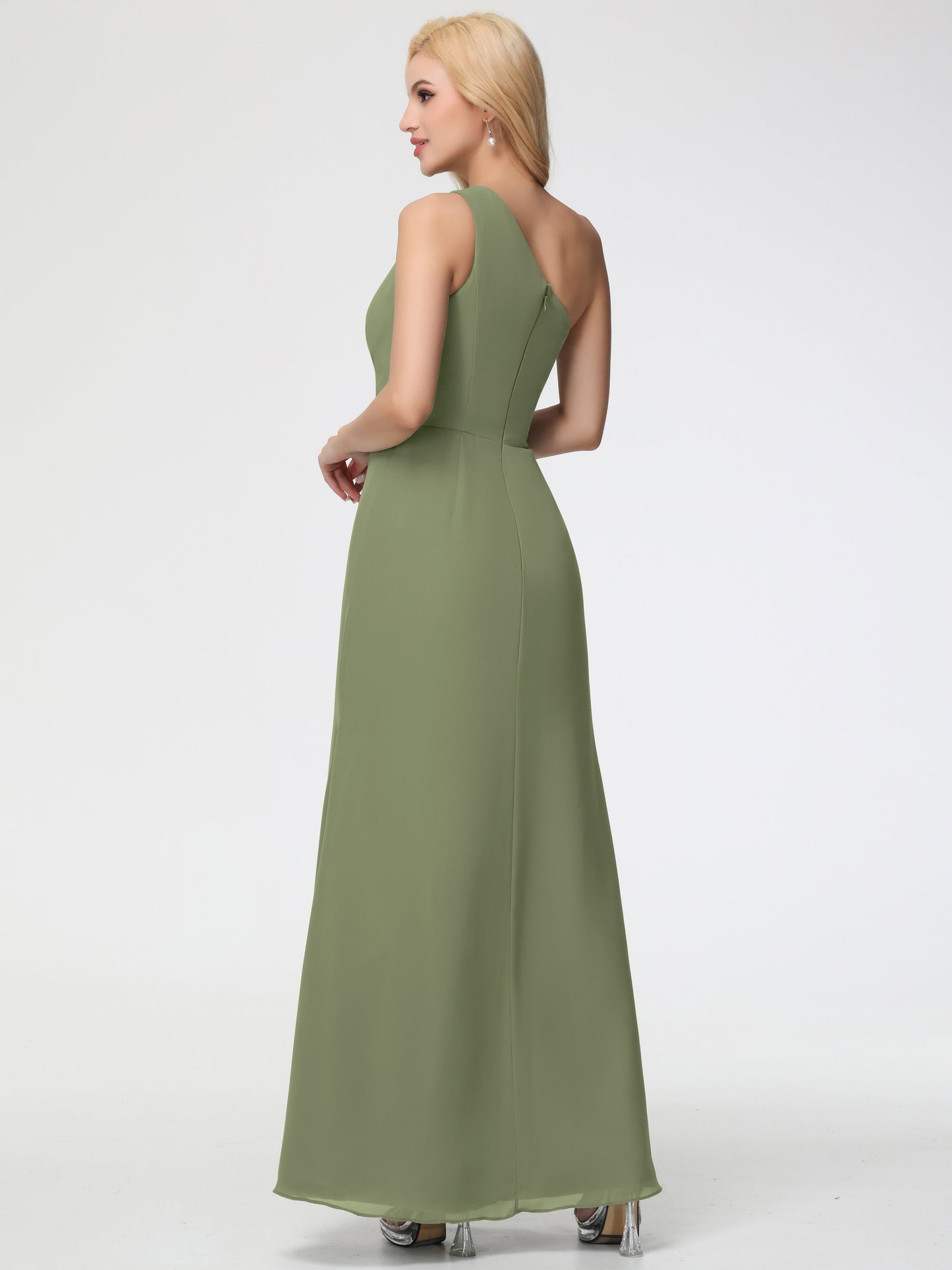 Bridesmaid Dress Olive Green One Shoulder Sheath/Column Ruched Chiffon Bridesmaid Dresses with Slit