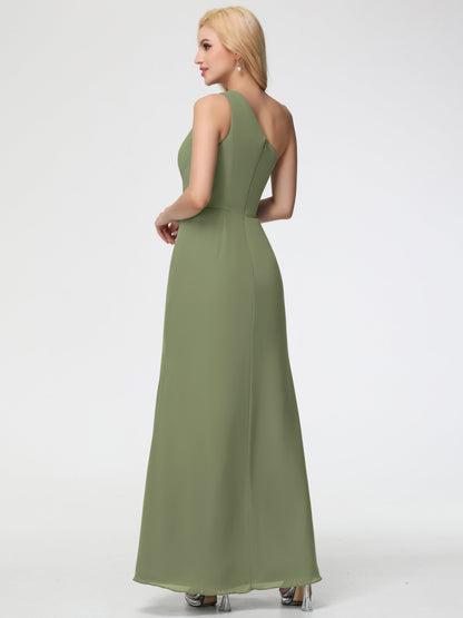Bridesmaid Dress Olive Green One Shoulder Sheath/Column Ruched Chiffon Bridesmaid Dresses with Slit