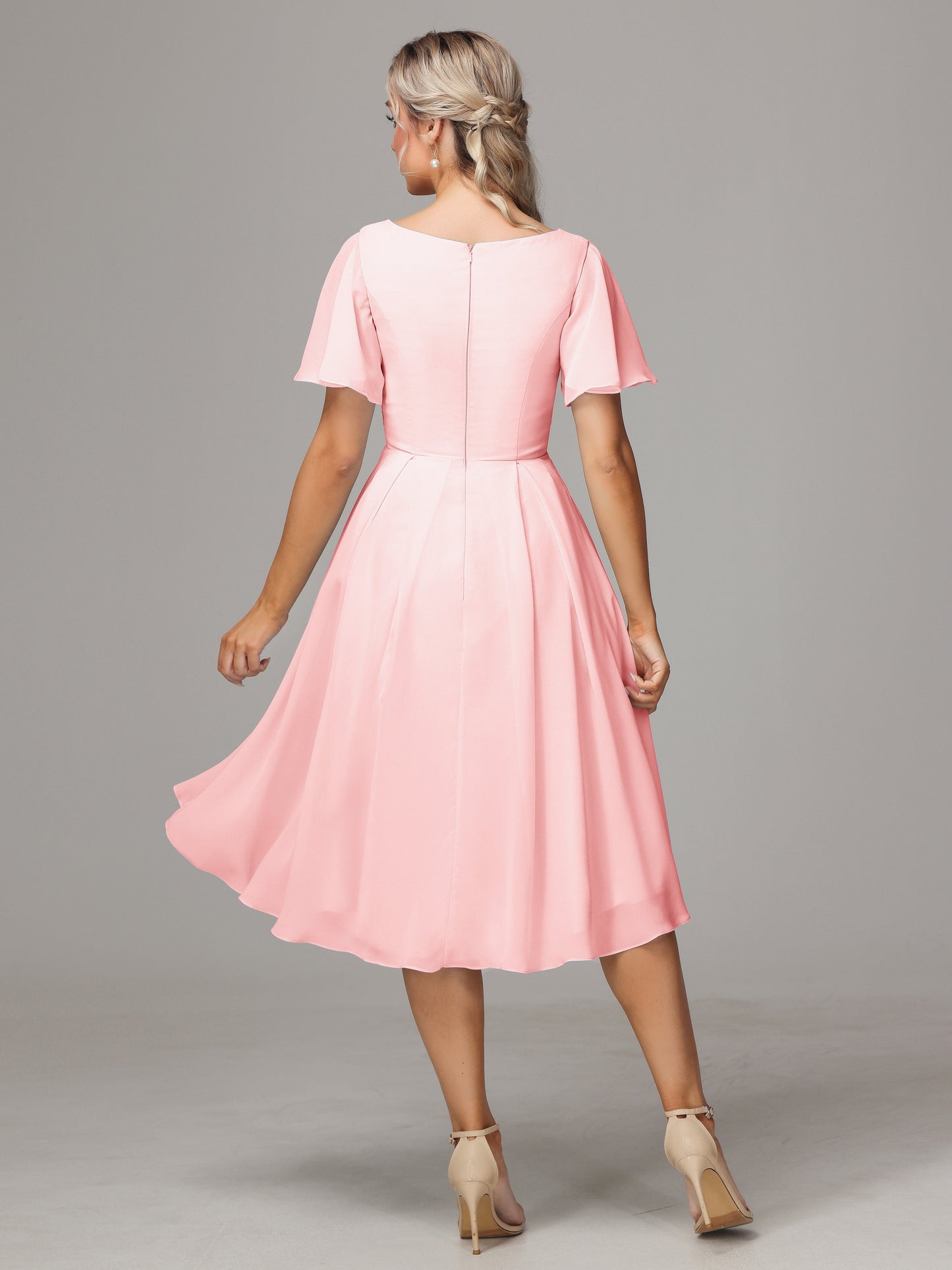 Short Sleeves V Neck Knee Length Chiffon Bridesmaid Dresses