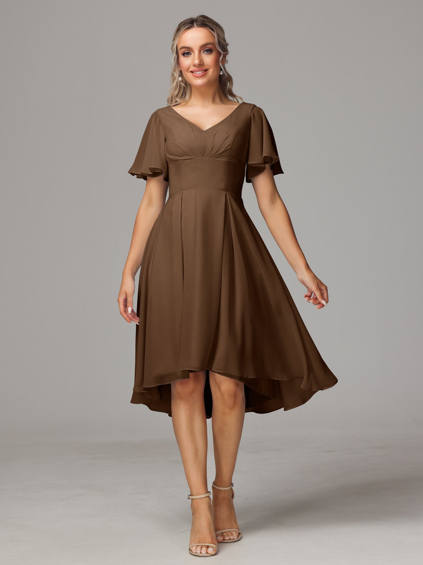 Short Sleeves V Neck Knee Length Chiffon Bridesmaid Dresses