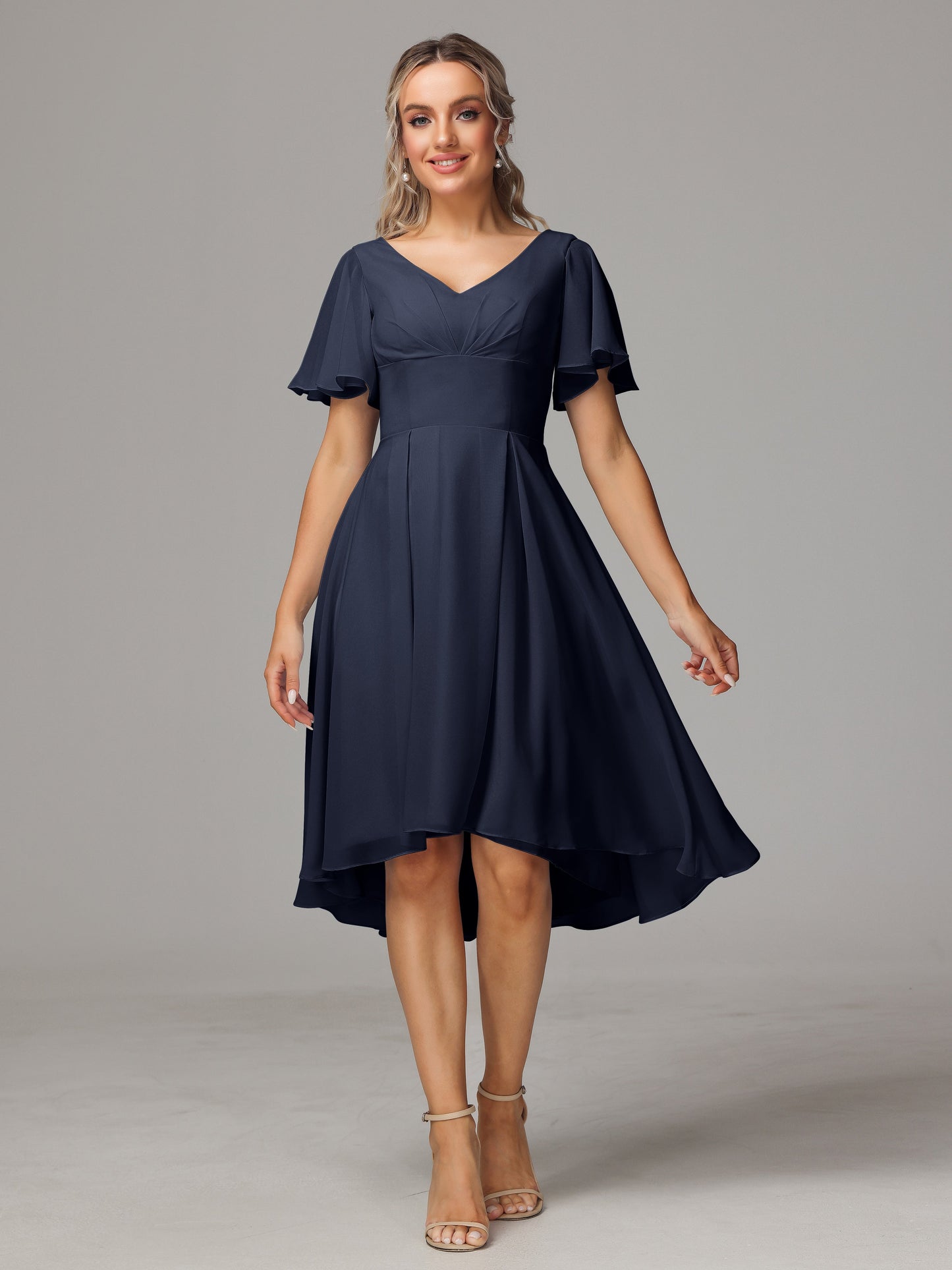 Short Sleeves V Neck Knee Length Chiffon Bridesmaid Dresses