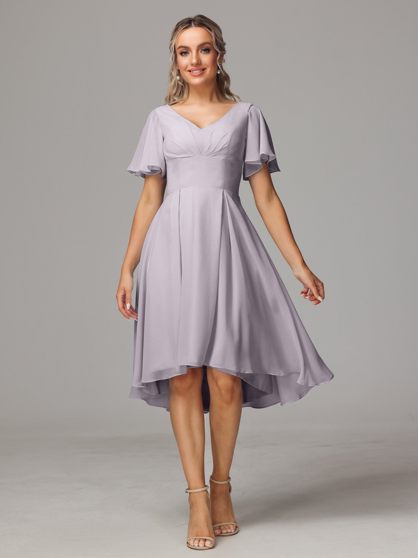 Short Sleeves V Neck Knee Length Chiffon Bridesmaid Dresses