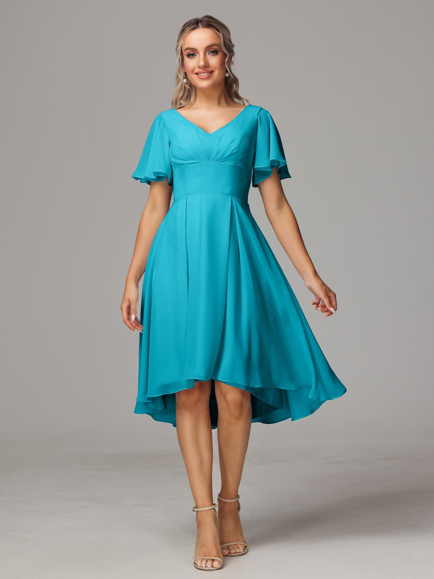Short Sleeves V Neck Knee Length Chiffon Bridesmaid Dresses