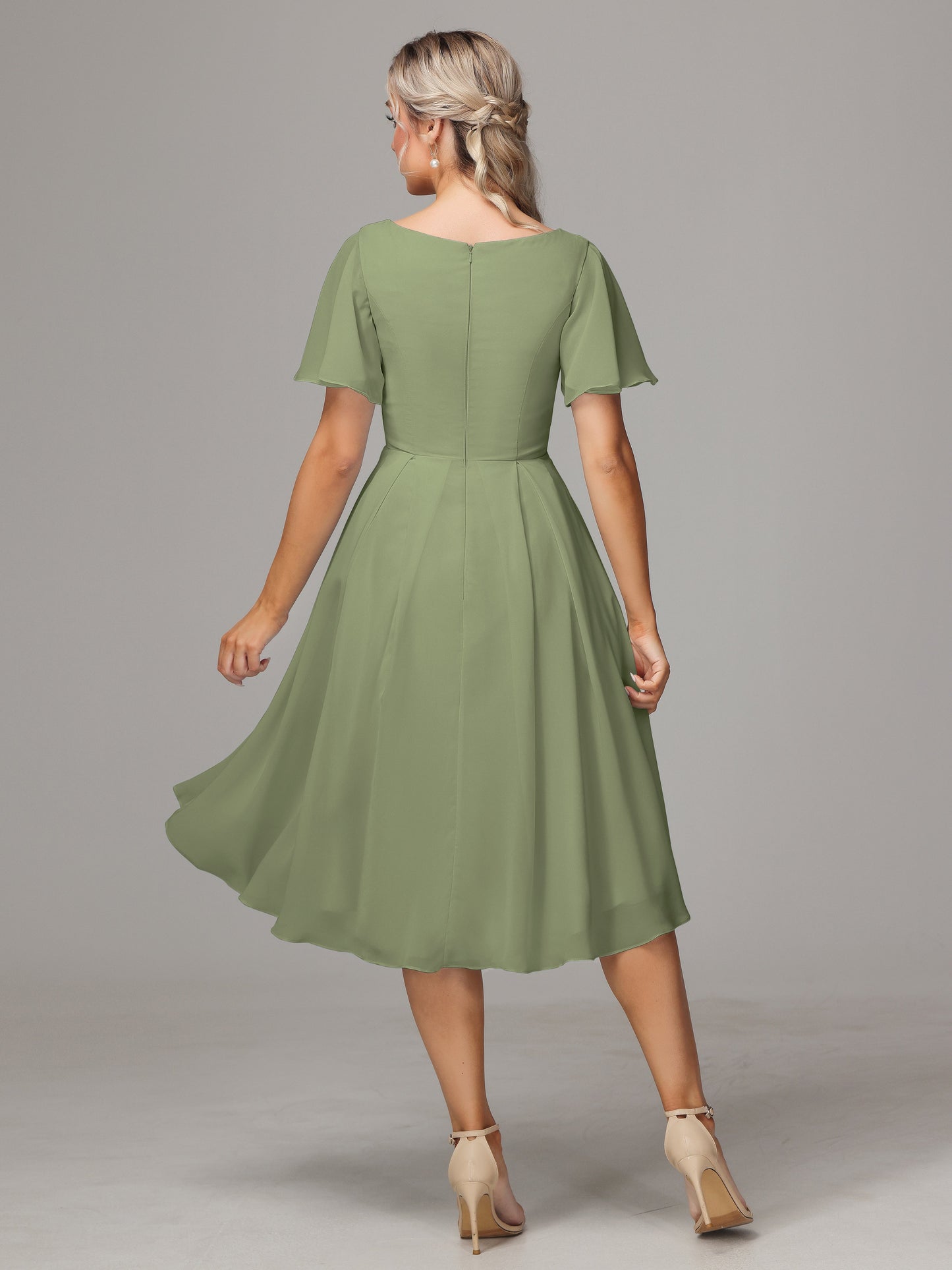 Short Sleeves V Neck Knee Length Chiffon Bridesmaid Dresses