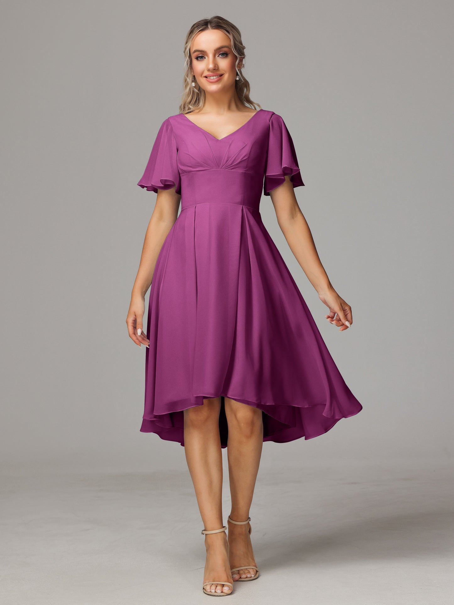 Short Sleeves V Neck Knee Length Chiffon Bridesmaid Dresses