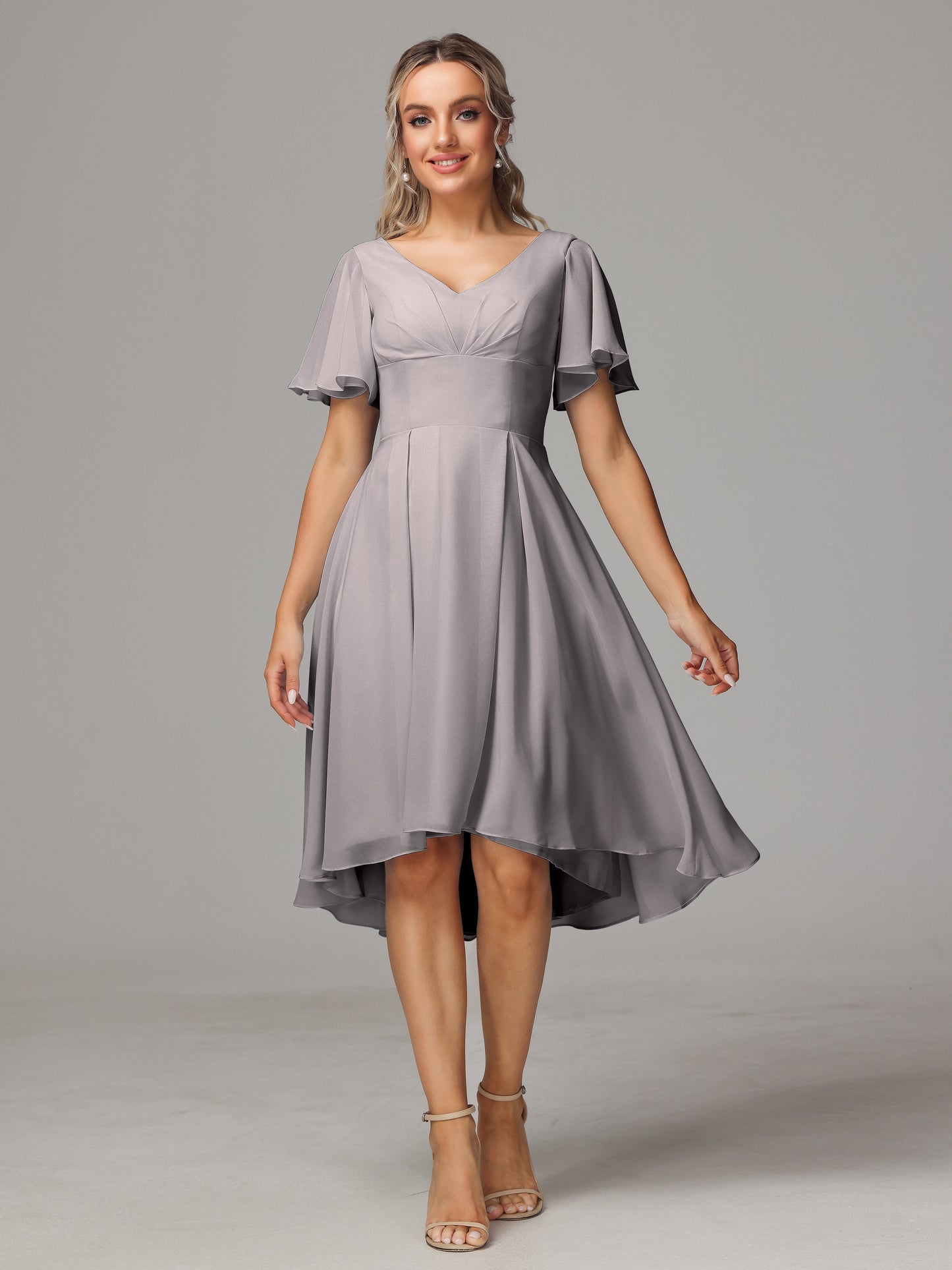Short Sleeves V Neck Knee Length Chiffon Bridesmaid Dresses