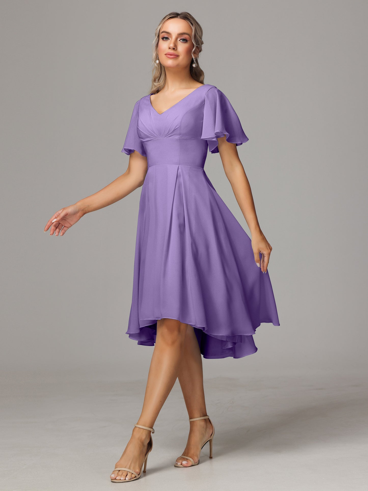 Short Sleeves V Neck Knee Length Chiffon Bridesmaid Dresses