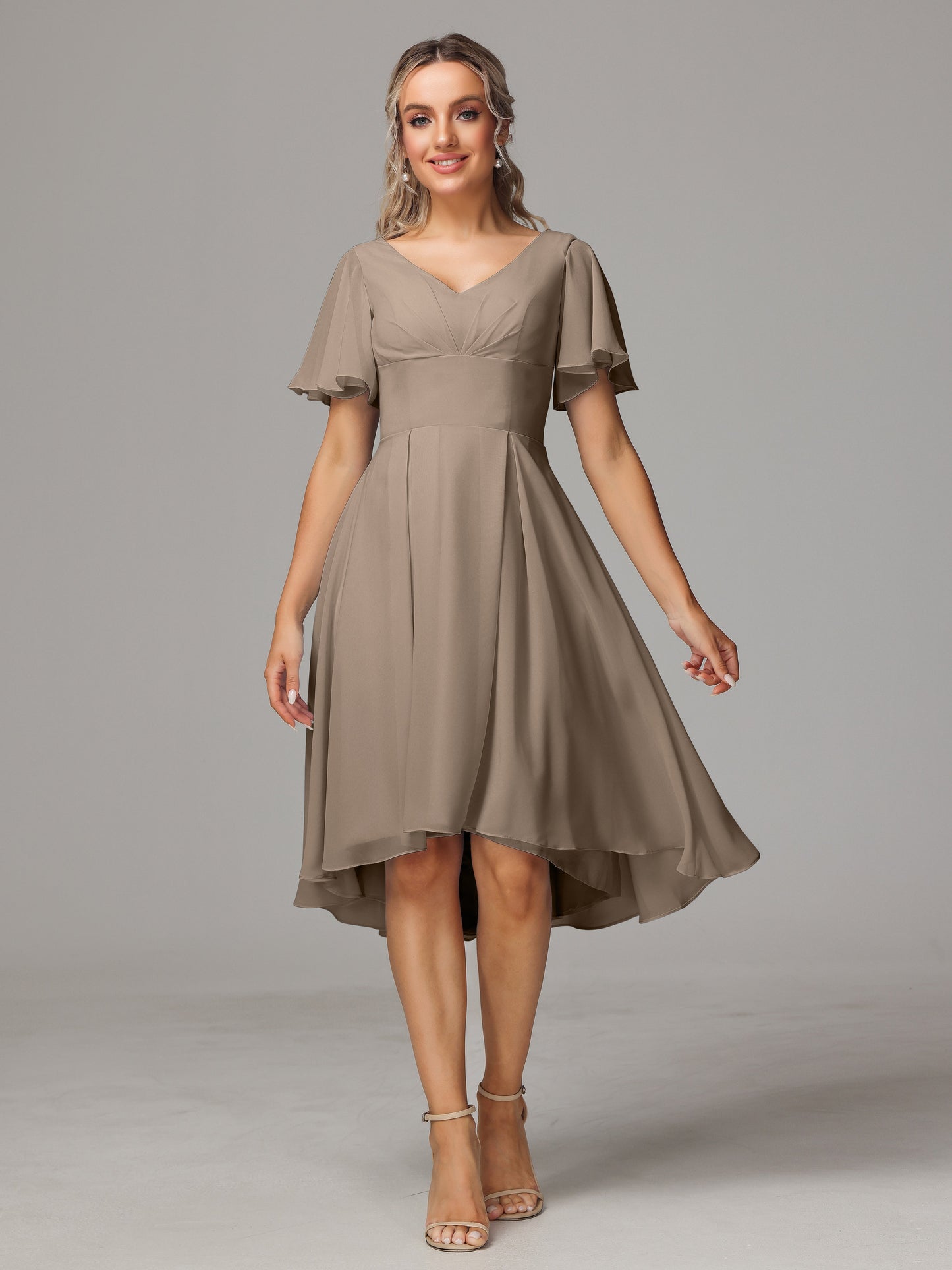 Short Sleeves V Neck Knee Length Chiffon Bridesmaid Dresses
