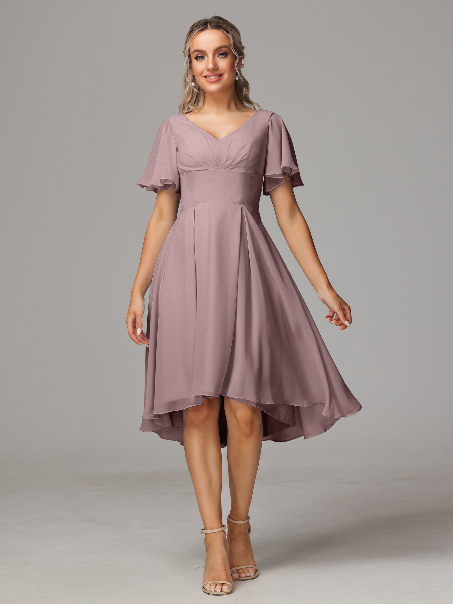 Short Sleeves V Neck Knee Length Chiffon Bridesmaid Dresses