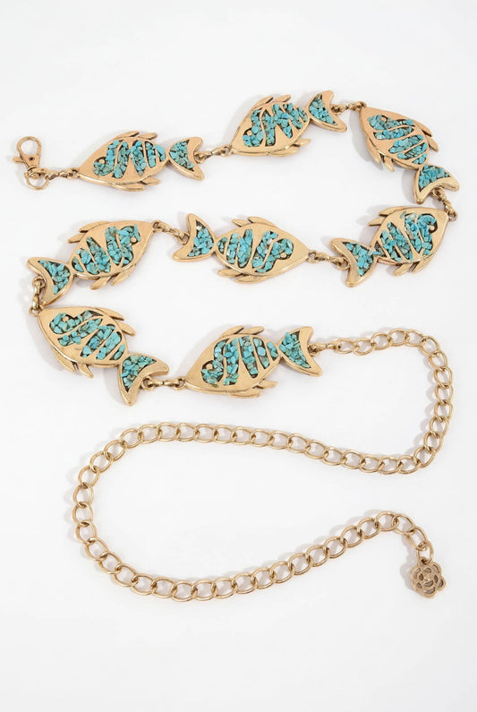 Cayucos Gold Fish Turquoise-Chip Chain Belt