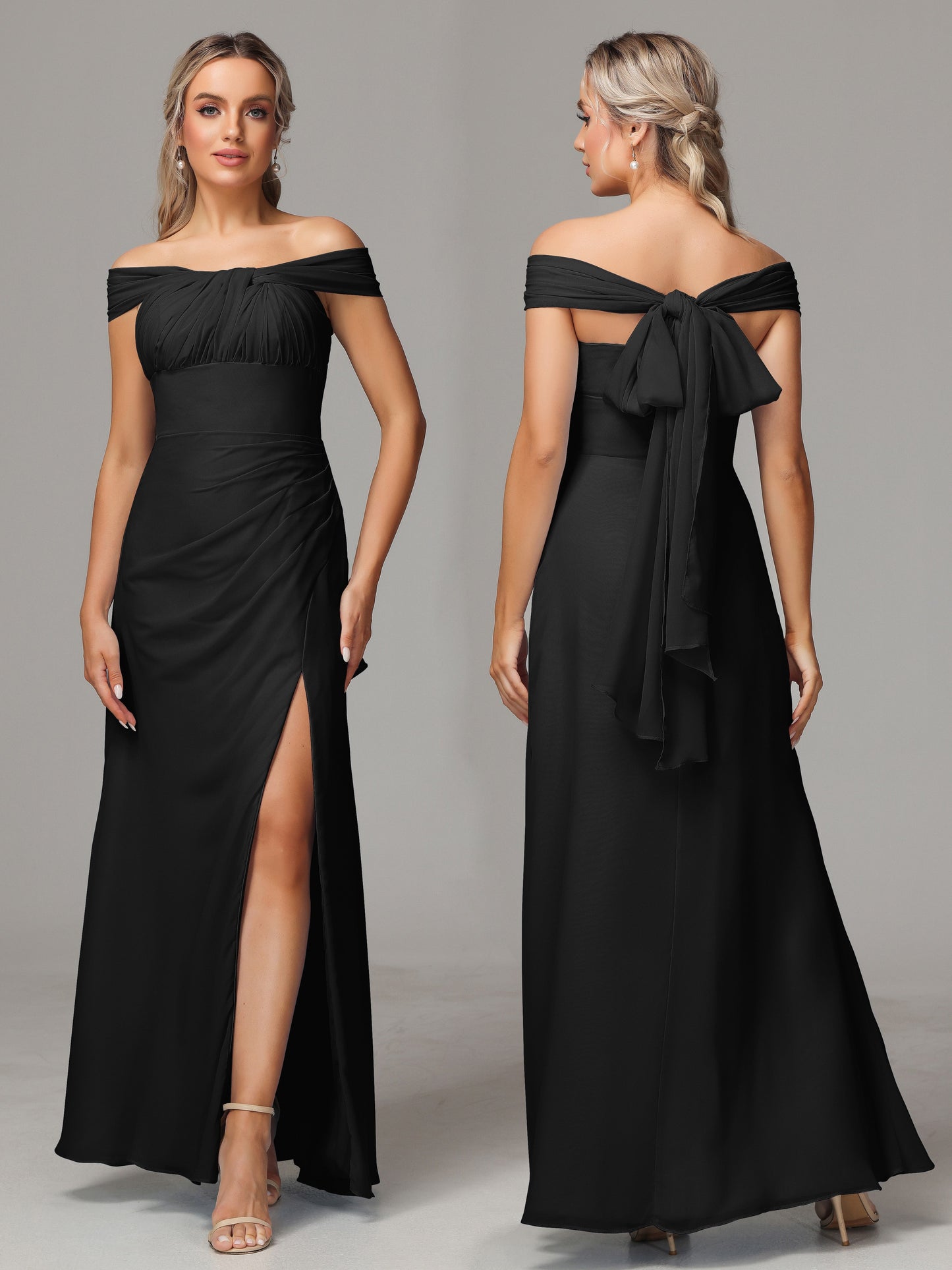 Sleeveless Off The Shoulder Chiffon Bridesmaid Dress With Slit
