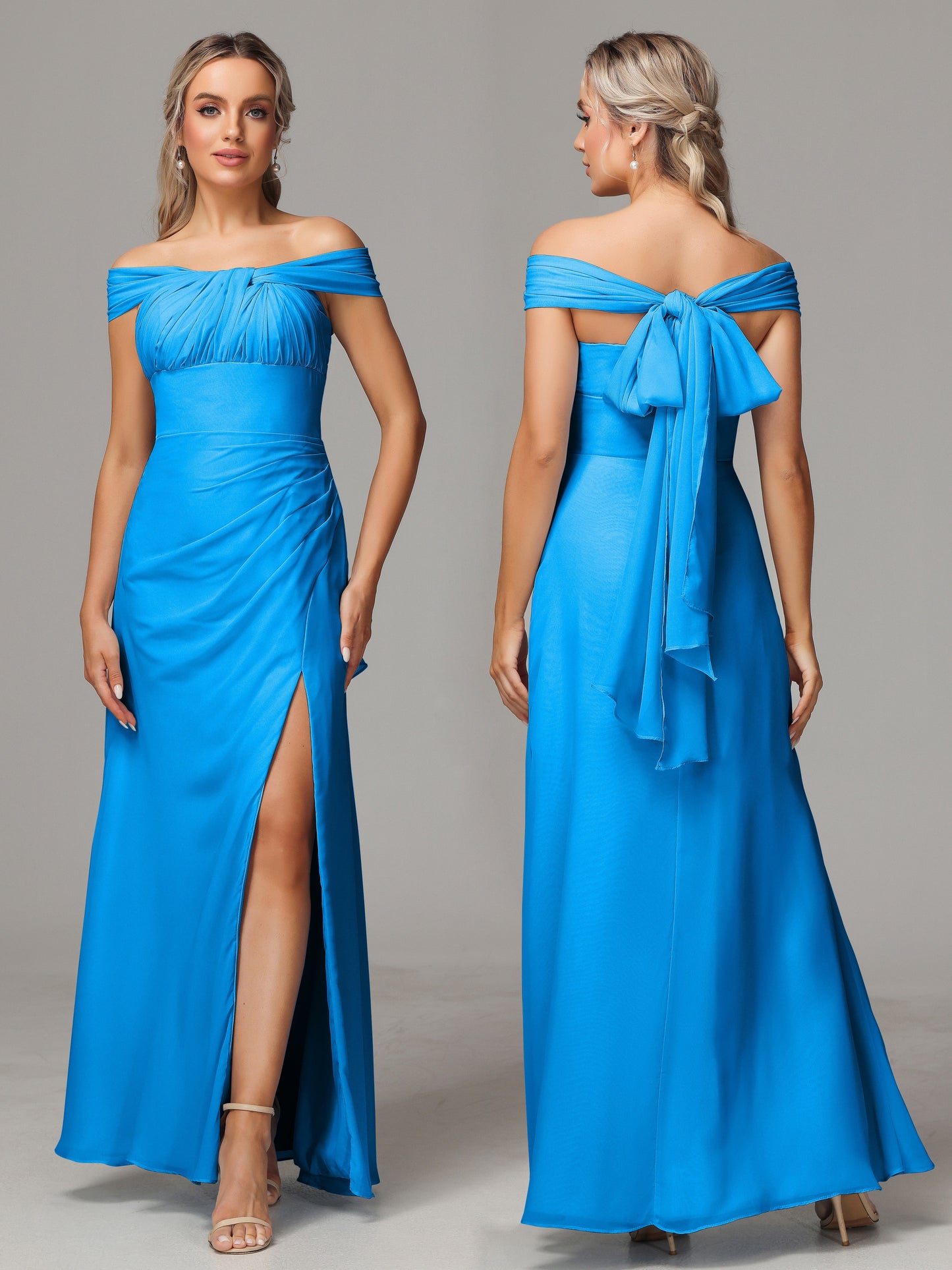 Sleeveless Off The Shoulder Chiffon Bridesmaid Dress With Slit
